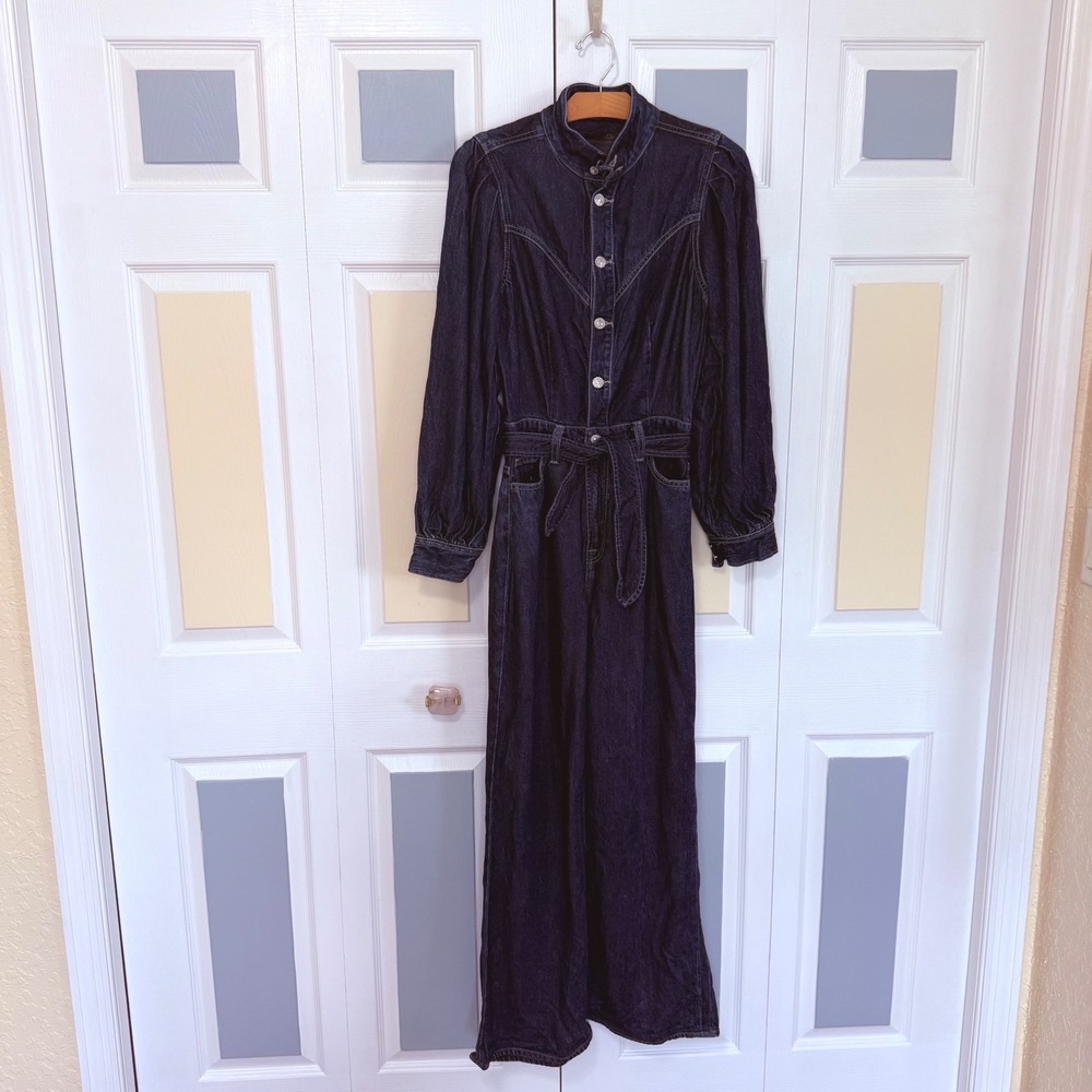 7 For All Mankind Ultra Highrise Indigo Denim Wide Leg Jumpsuit Long Sleeves S